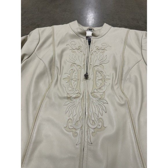 Cream Beige Harley Davidson 2000s Leather Jacket 2w Embroidered - Picture 3 of 6